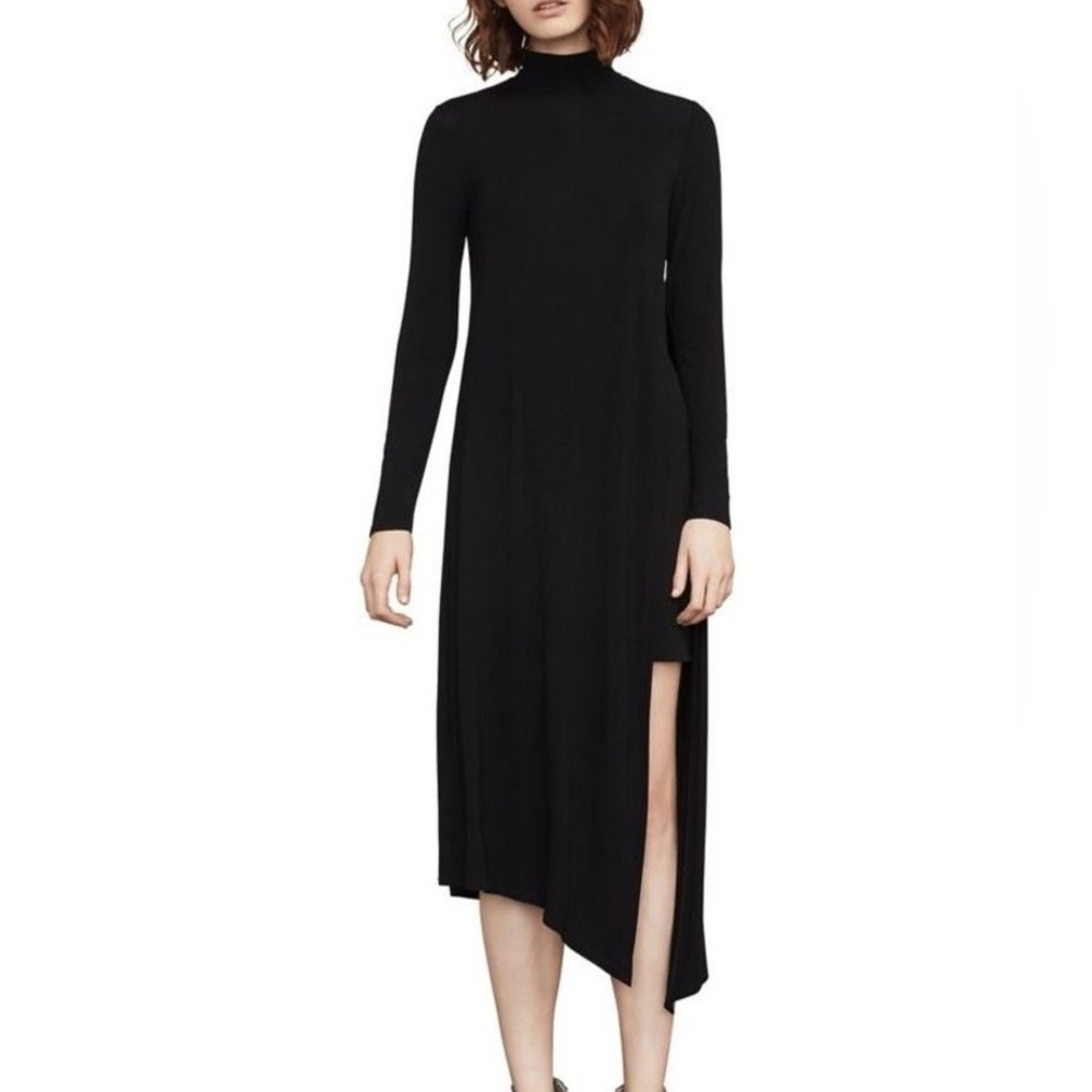 BCBGMAXAZRIA Kabrina Turtleneck Asymmetric Hem Dress Black Knit - Size M